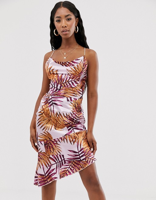 PrettyLittleThing asymmetric midi dress with cowl neck in pink tropical print