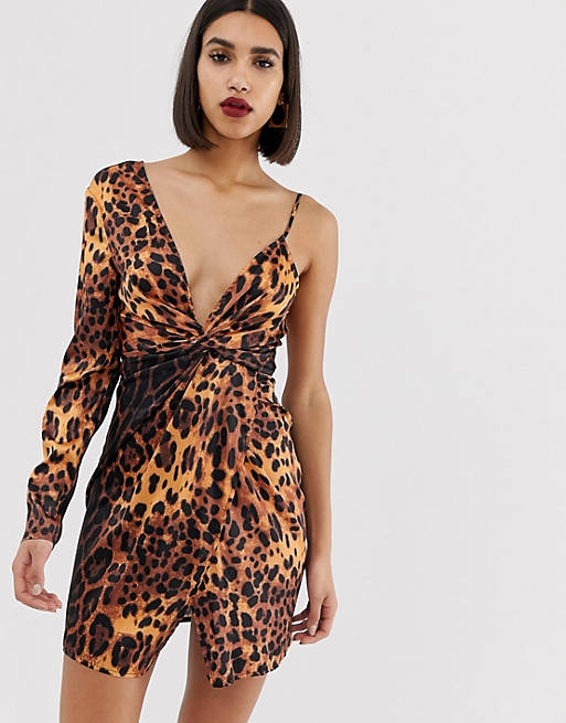 PrettyLittleThing asymmetric sleeve mini dress in leopard print