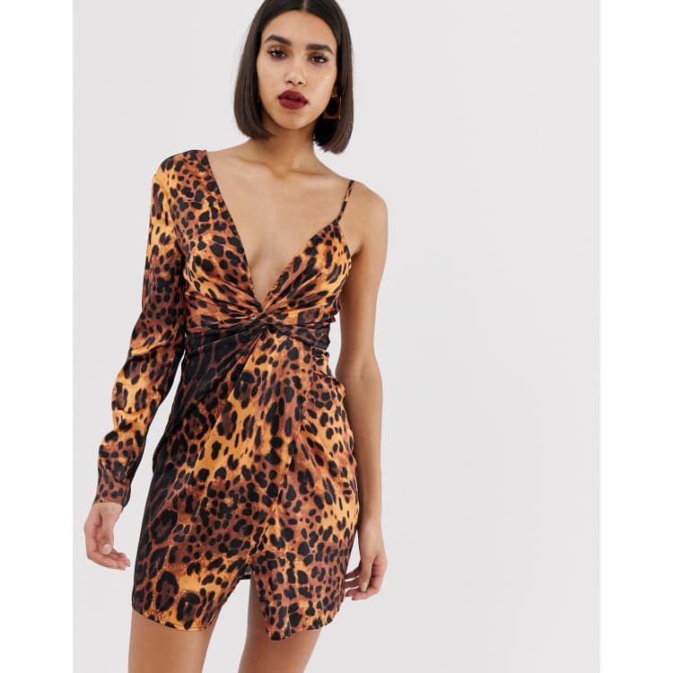 PrettyLittleThing asymmetric sleeve mini dress in leopard print ASOS