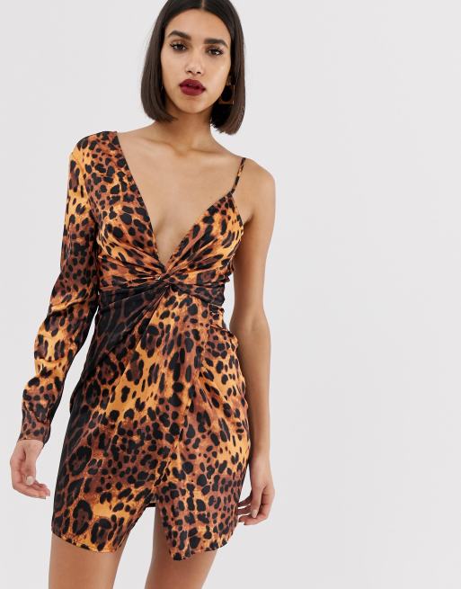 PrettyLittleThing asymmetric sleeve mini dress in leopard print | ASOS