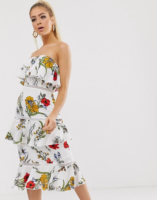 PrettyLittleThing bandeau midi dress in white floral