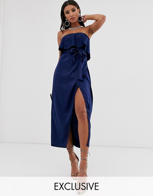 PrettyLittleThing bandeau midi dress with wrap tie waist in navy hammered satin