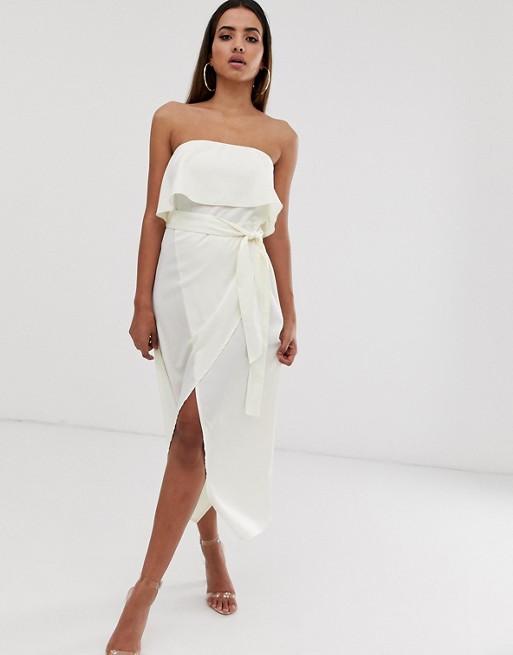 PrettyLittleThing bandeau midi dress with wrap tie waist in white hammered satin