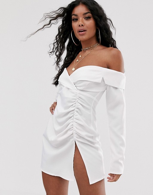 PrettyLittleThing bardot blazer dress with ruched side split in white