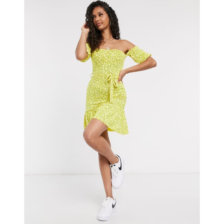 PrettyLittleThing bardot frill hem skater dress in yellow ditsy floral print ASOS