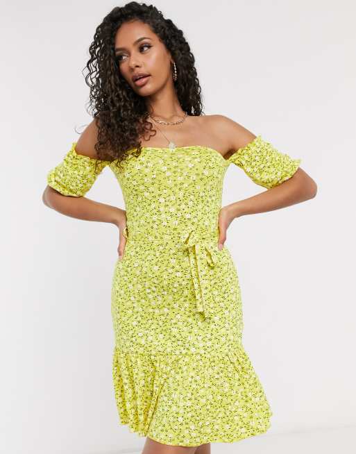 PrettyLittleThing bardot frill hem skater dress in yellow ditsy floral print