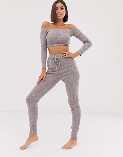 PrettyLittleThing bardot knitted lounge set in stone
