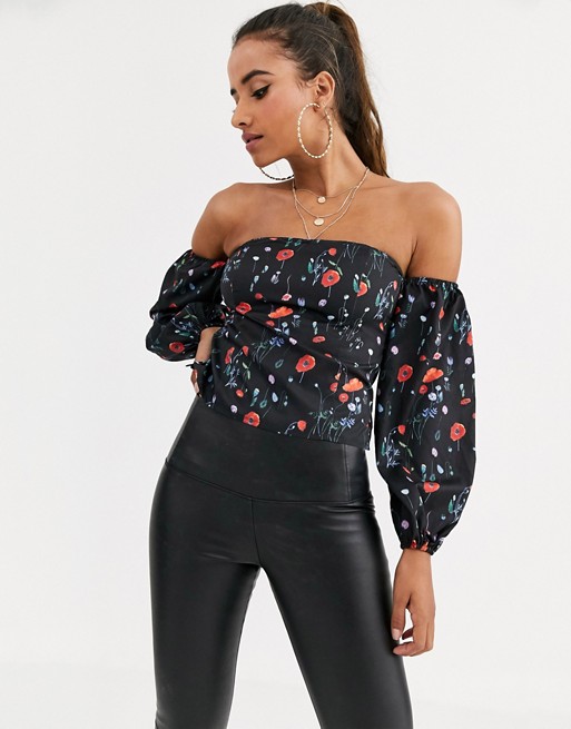 PrettyLittleThing bardot top with puff sleeves in black floral