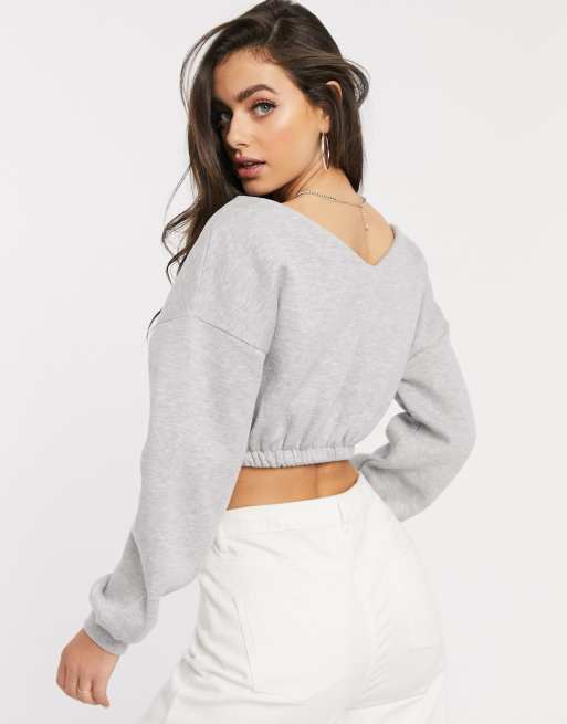 Grey Drop Shoulder Oversized Crop Hoodie