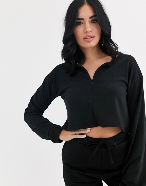 PrettyLittleThing basic cropped sweat with zip front detail in black