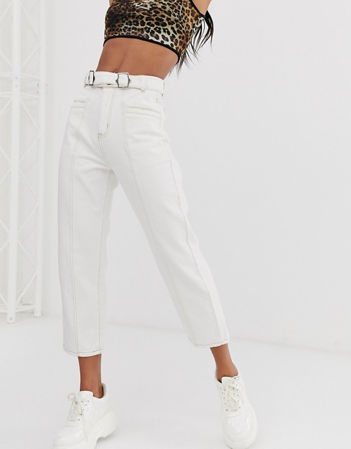PrettyLittleThing belted straight leg jean in white