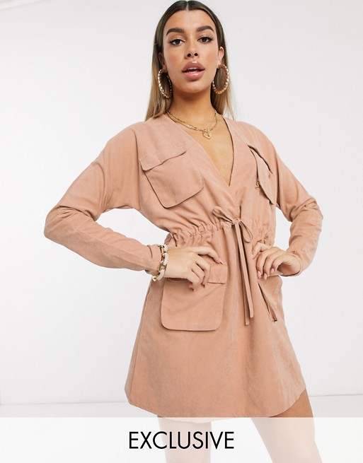 PrettyLittleThing belted utility mini dress with pocket details in sand