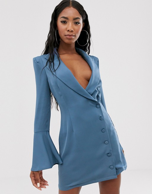 PrettyLittleThing blazer dress with bell sleeve and button through in blue