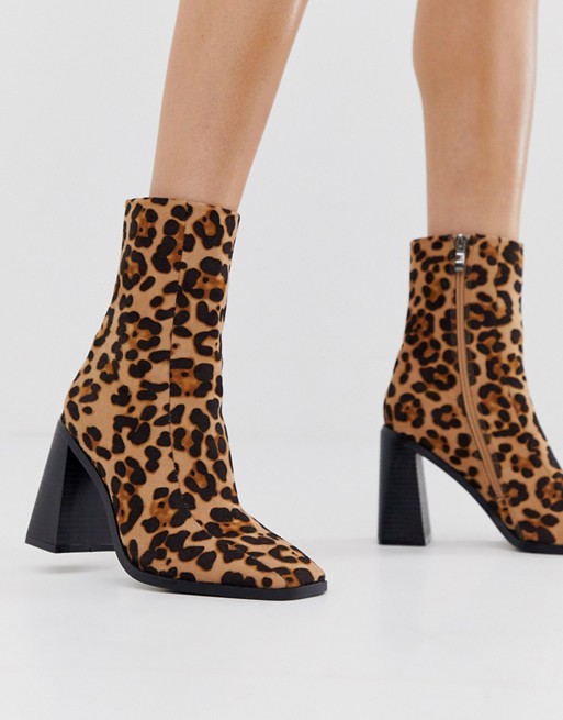 PrettyLittleThing block heel sock boots in leopard