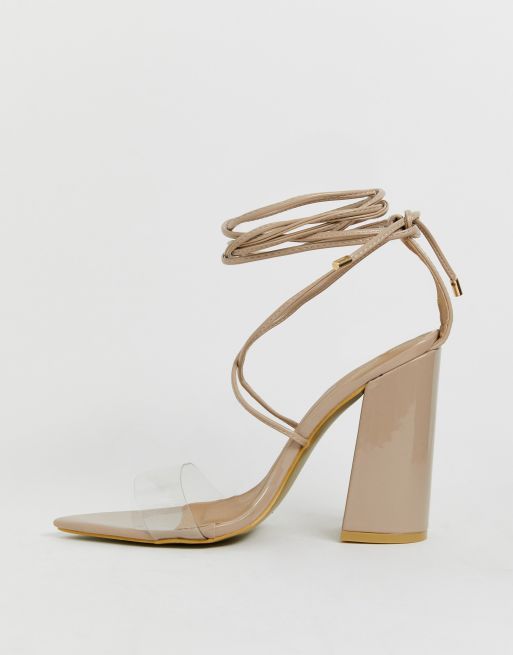 PrettyLittleThing block heeled lace up sandals with pointed toe and clear strap in nude