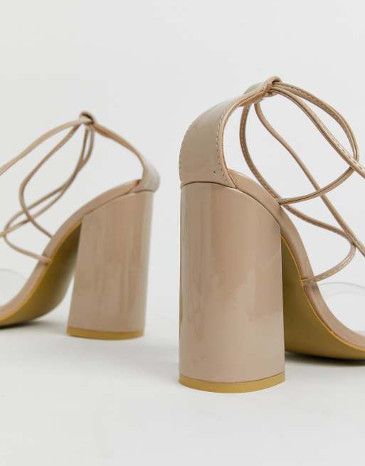 PrettyLittleThing block heeled lace up sandals with pointed toe and clear strap in nude, 3 of 4