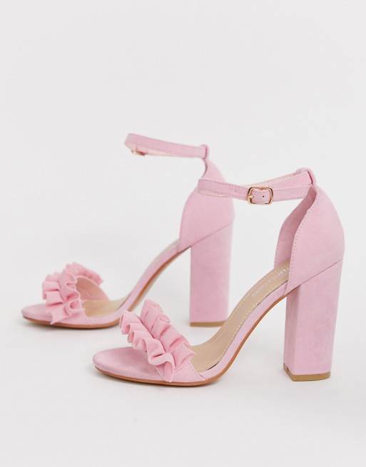 PrettyLittleThing block heeled sandals with frill detail in pink