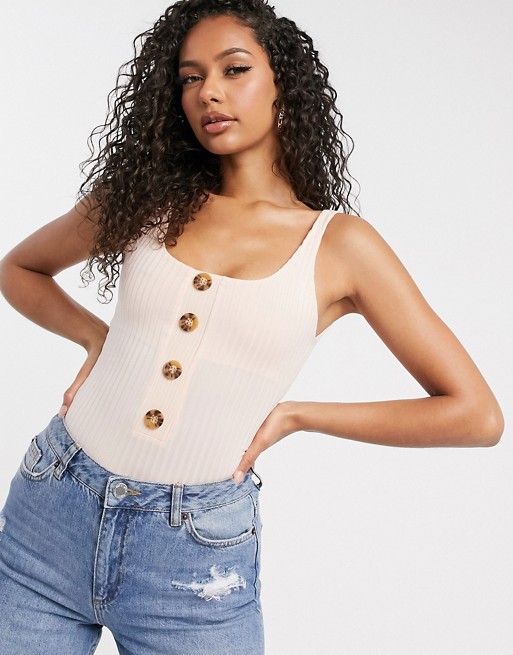 PrettyLittleThing body with button detail in beige