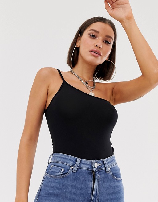 PrettyLittleThing body with cami one shoulder strap in black