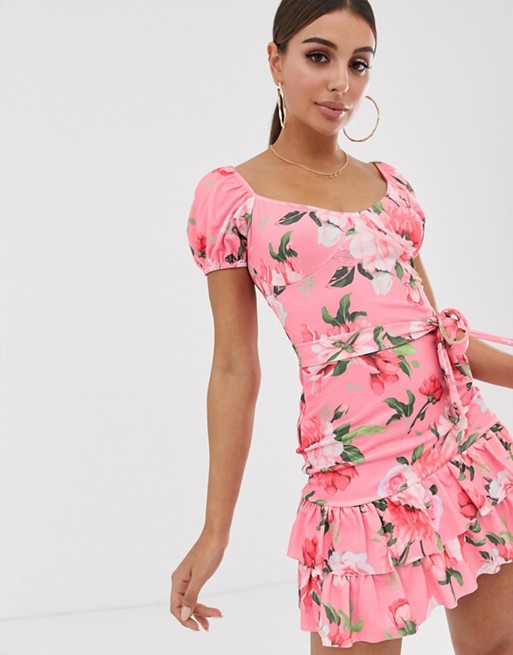 PrettyLittleThing bodycon dress with frill hem and puff sleeve in pink floral