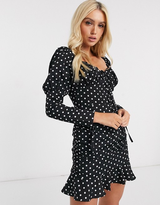 PrettyLittleThing bodycon dress with puff sleeves in polka dot
