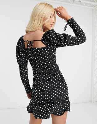PrettyLittleThing bodycon dress with puff sleeves in polka dot ASOS