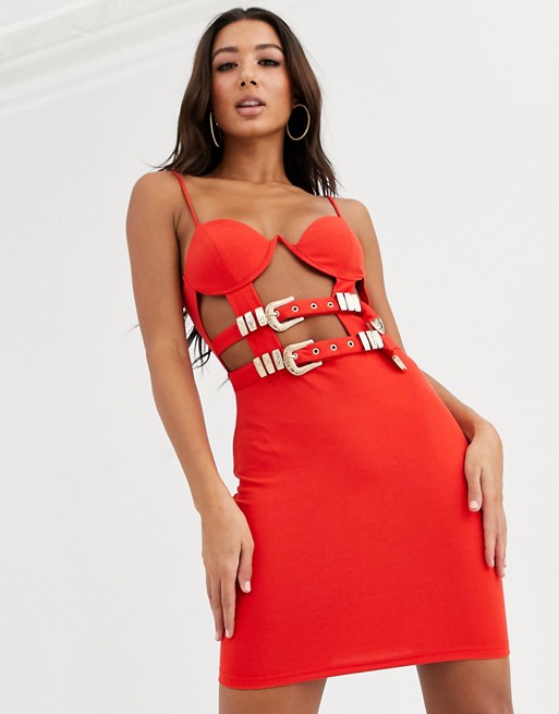 PrettyLittleThing bodycon mini dress with buckle straps in red