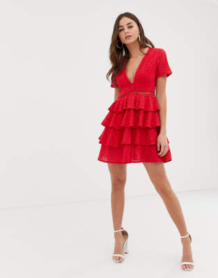 prettylittlething broderie mini dress with tiered skirt detail in red