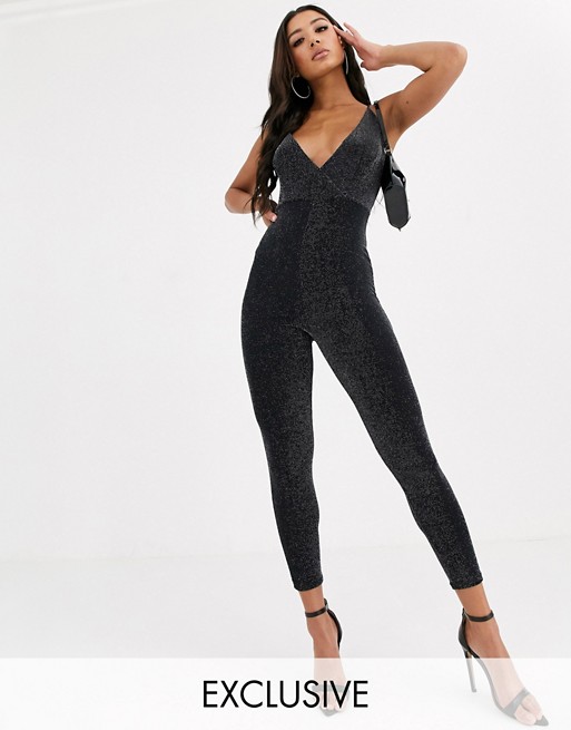 PrettyLittleThing cami strap jumpsuit with cross back in black glitter