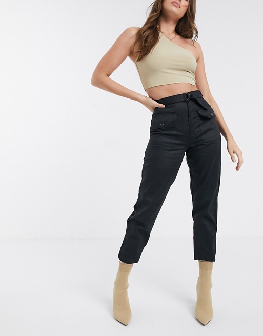 PrettyLittleThing cargo straight leg trousers with pockets in black