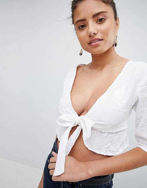 PrettyLittleThing Cheesecloth Embroidered Crop Top