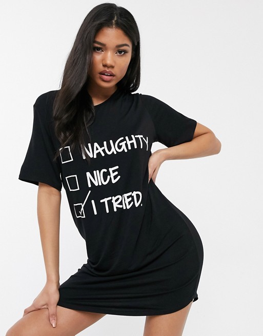 PrettyLittleThing Christmas t-shirt night dress with naughty and nice slogan in black