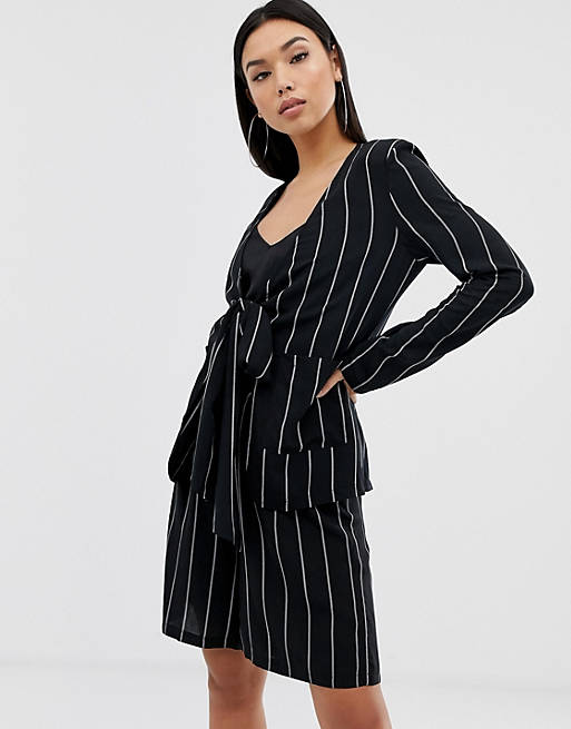 PrettyLittleThing co-ord jacket with tie waist in black pinstripe | ASOS