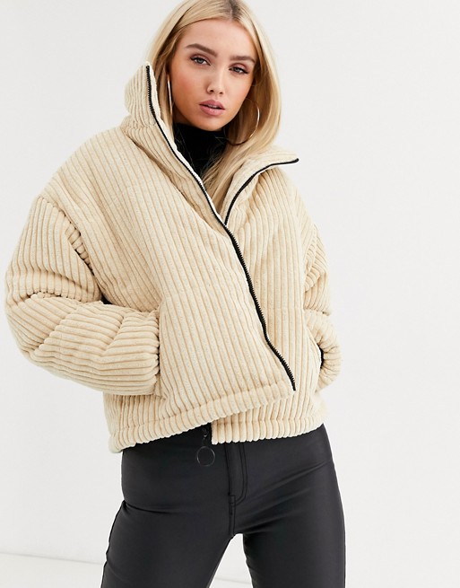 PrettyLittleThing cord padded jacket in stone