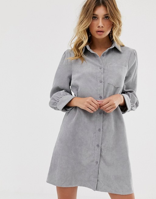 PrettyLittleThing cord shirt dress in grey