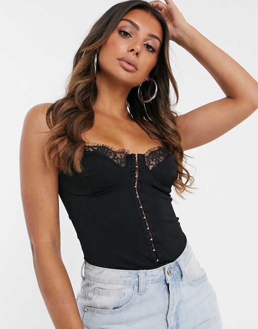 PrettyLittleThing corset body with lace trim in black