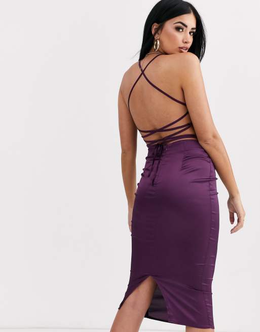 Plum satin ruched lace 2025 up back midi dress