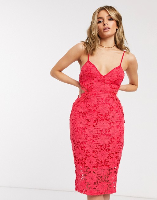 PrettyLittleThing crochet cami midi dress with cut out detail in hot pink