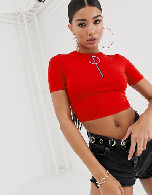 PrettyLittleThing crop top with ring pull zip in red rib