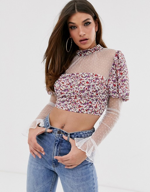 PrettyLittleThing cropped blouse with puff mesh sleeves in pink ditsy floral