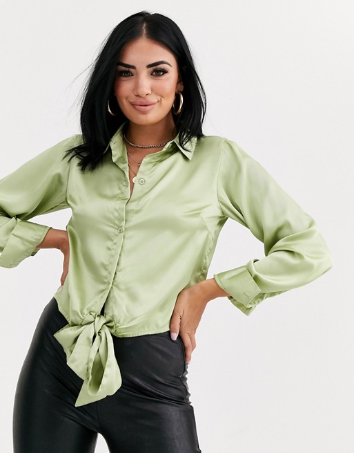 PrettyLittleThing cropped satin shirt with tie front in pale green
