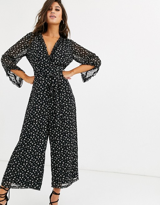 PrettyLittleThing culotte jumpsuit in black ditsy floral