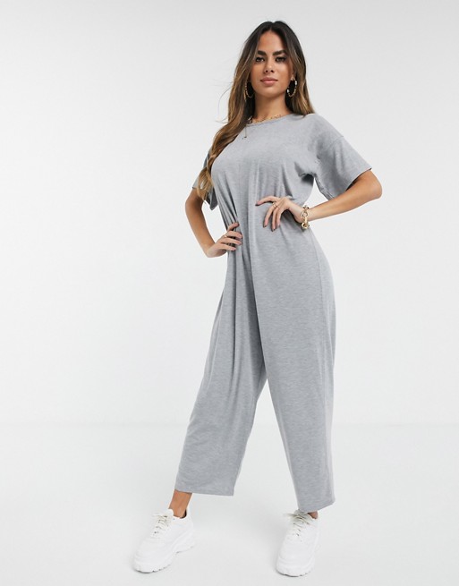 PrettyLittleThing culotte jumpsuit with short sleeves in grey jersey