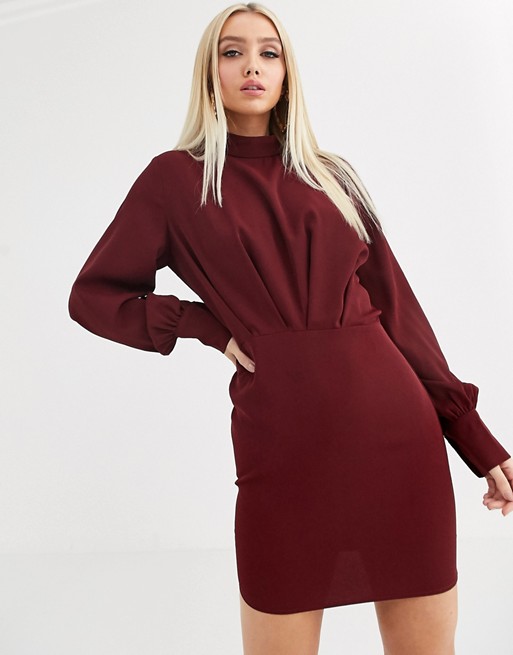PrettyLittleThing draped mini dress with high neck in burgundy