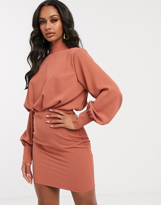 PrettyLittleThing draped mini dress with high neck in rust