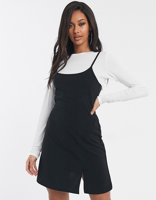 PrettyLittleThinge exclusive 2 in1 cami dress with long sleeves in black