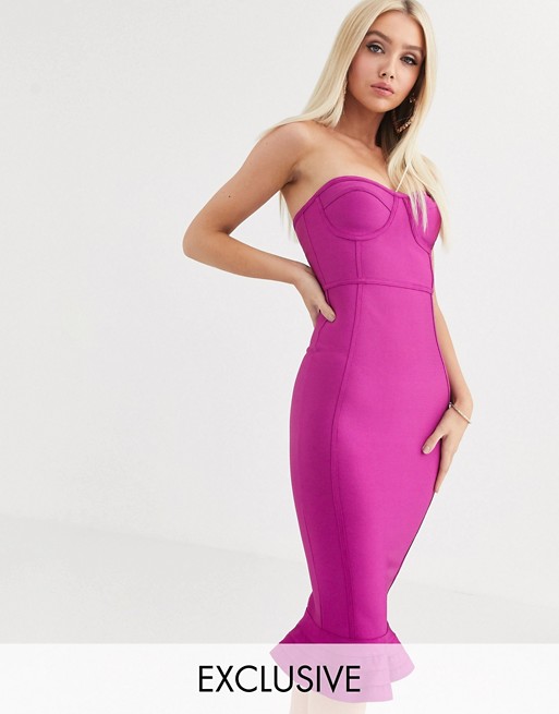 PrettyLittleThing exclusive bandage bodycon dress with frill hem in purple