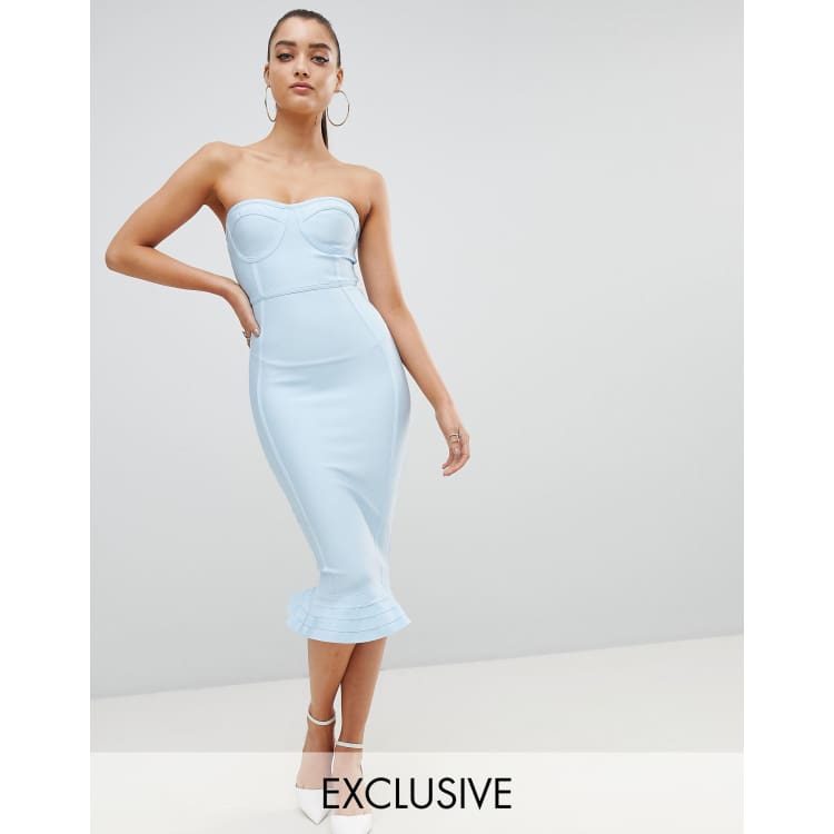 Dusty blue bandage frill hem shop bodycon dress