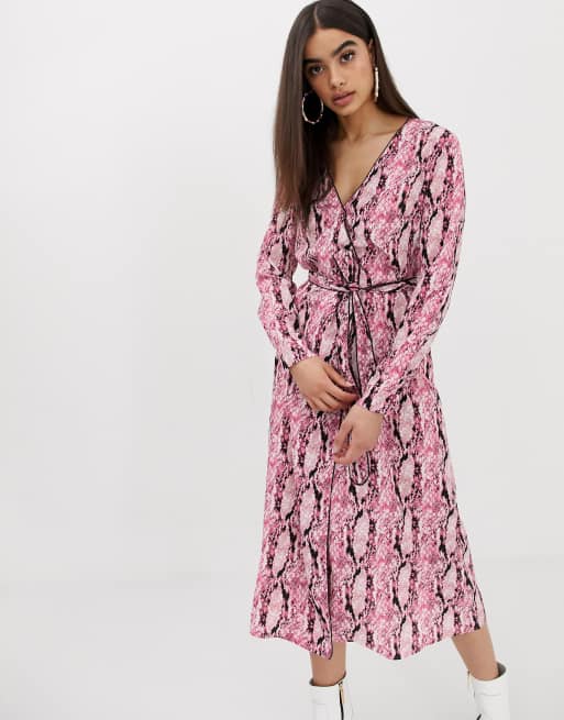 PrettyLittleThing exclusive belted midi dress in pink snake ASOS