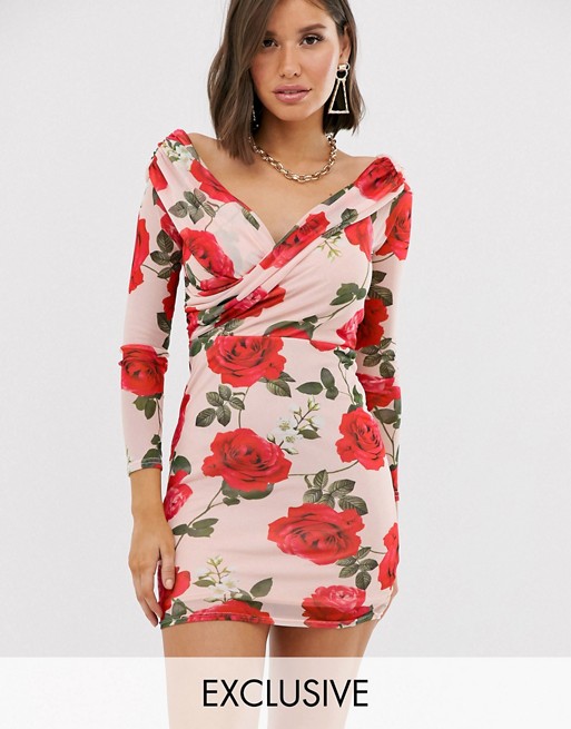 PrettyLittleThing exclusive bodycon dress with ruched detail in floral mesh